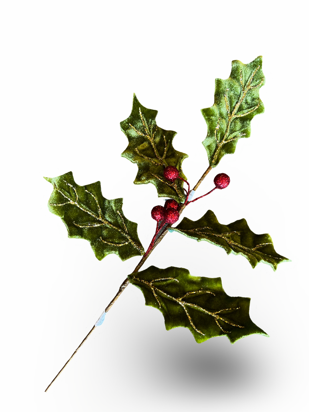 Velvet Glittered Holly with Berries on Stick