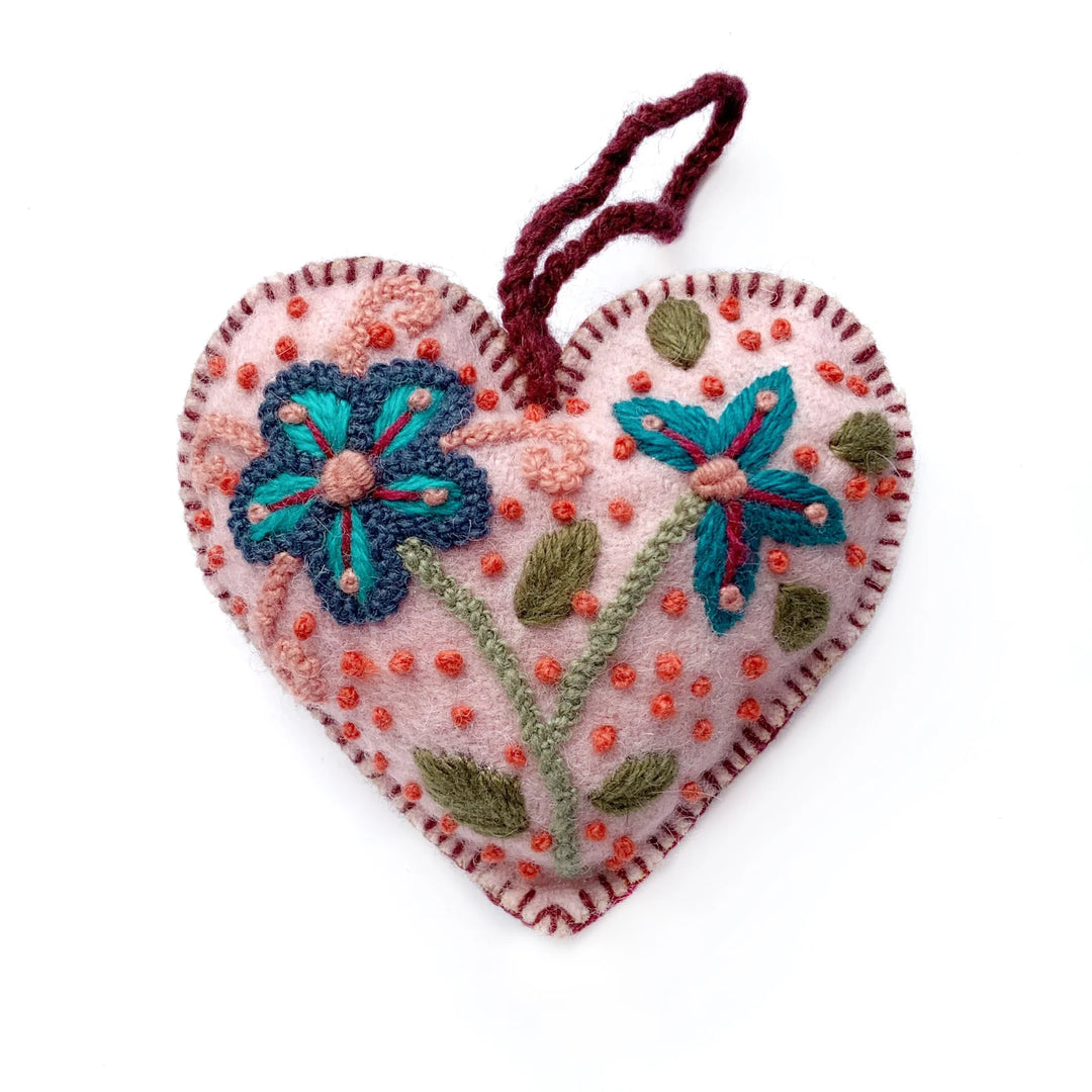 Colorful Heart Ornament, Embroidered Wool