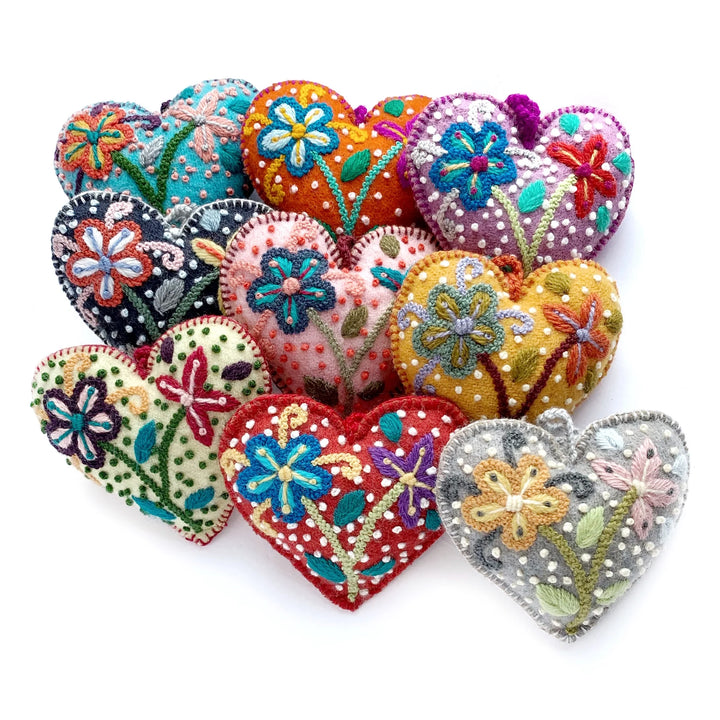 Colorful Heart Ornament, Embroidered Wool