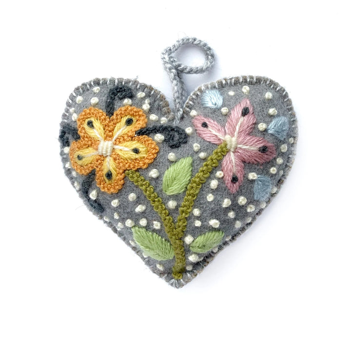 Colorful Heart Ornament, Embroidered Wool