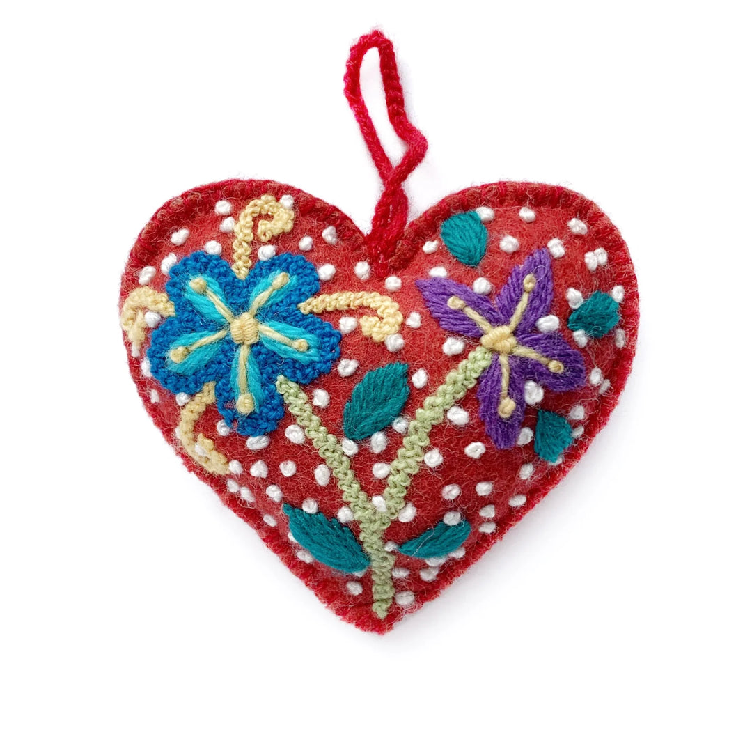 Colorful Heart Ornament, Embroidered Wool