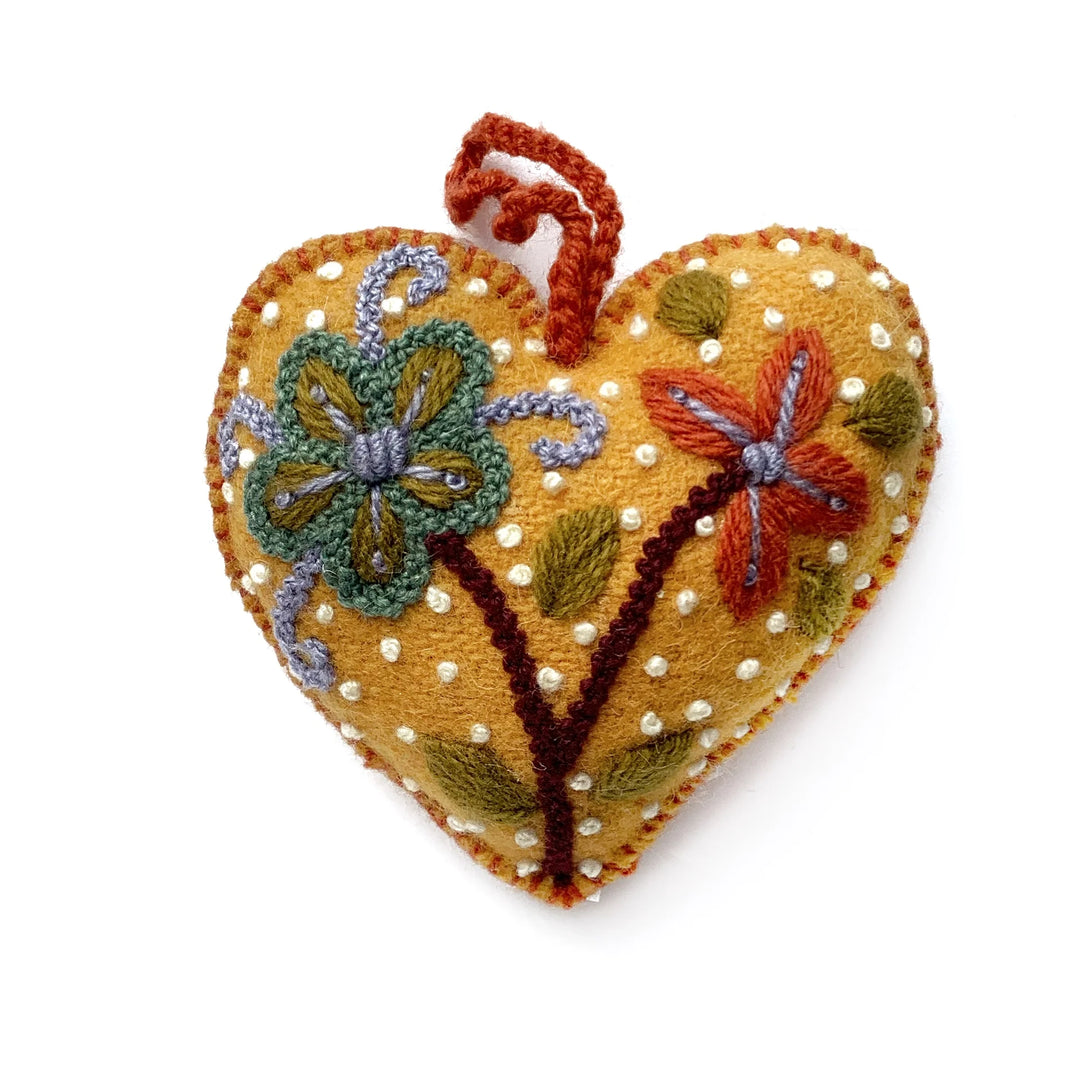 Colorful Heart Ornament, Embroidered Wool