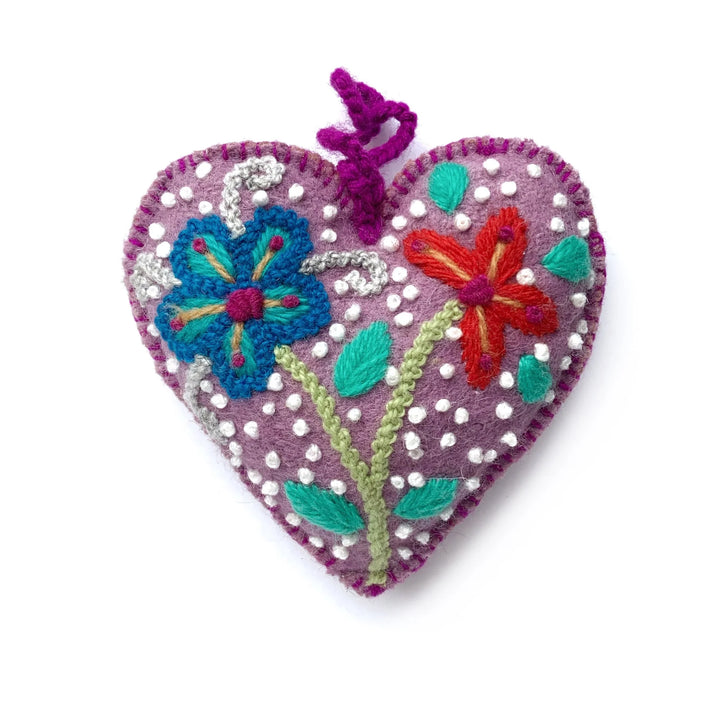 Colorful Heart Ornament, Embroidered Wool