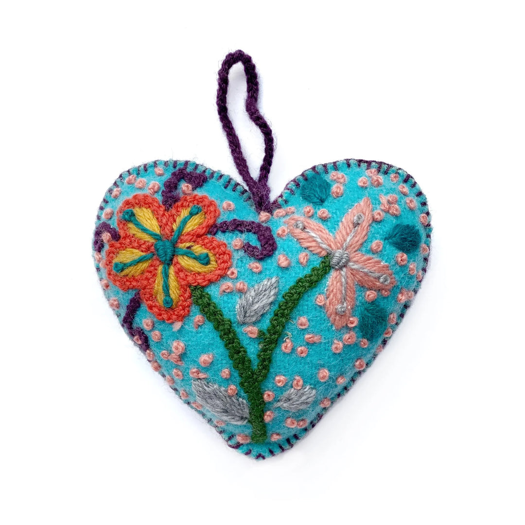 Colorful Heart Ornament, Embroidered Wool