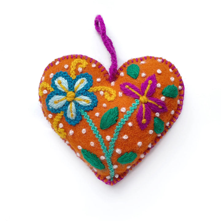 Colorful Heart Ornament, Embroidered Wool