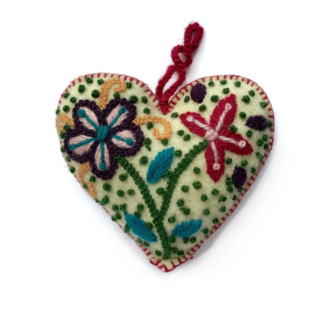 Colorful Heart Ornament, Embroidered Wool