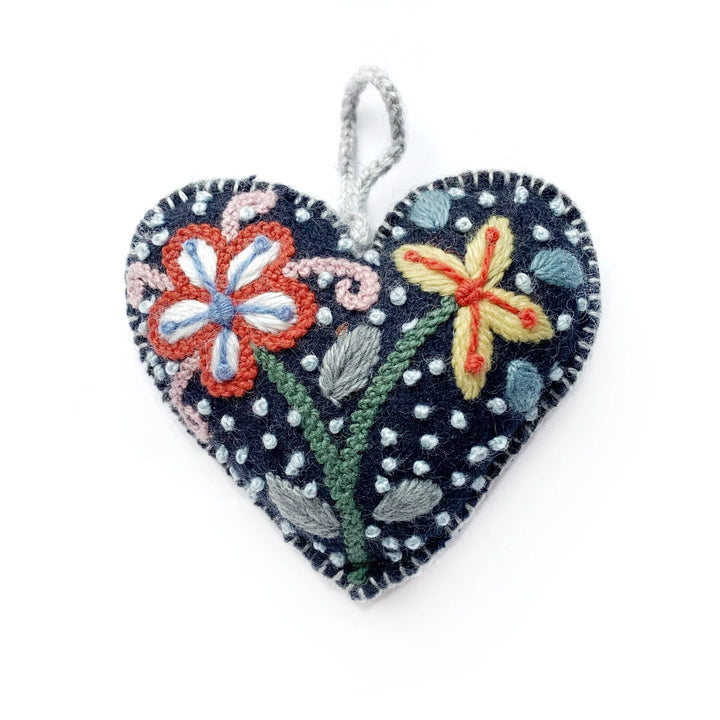 Colorful Heart Ornament, Embroidered Wool