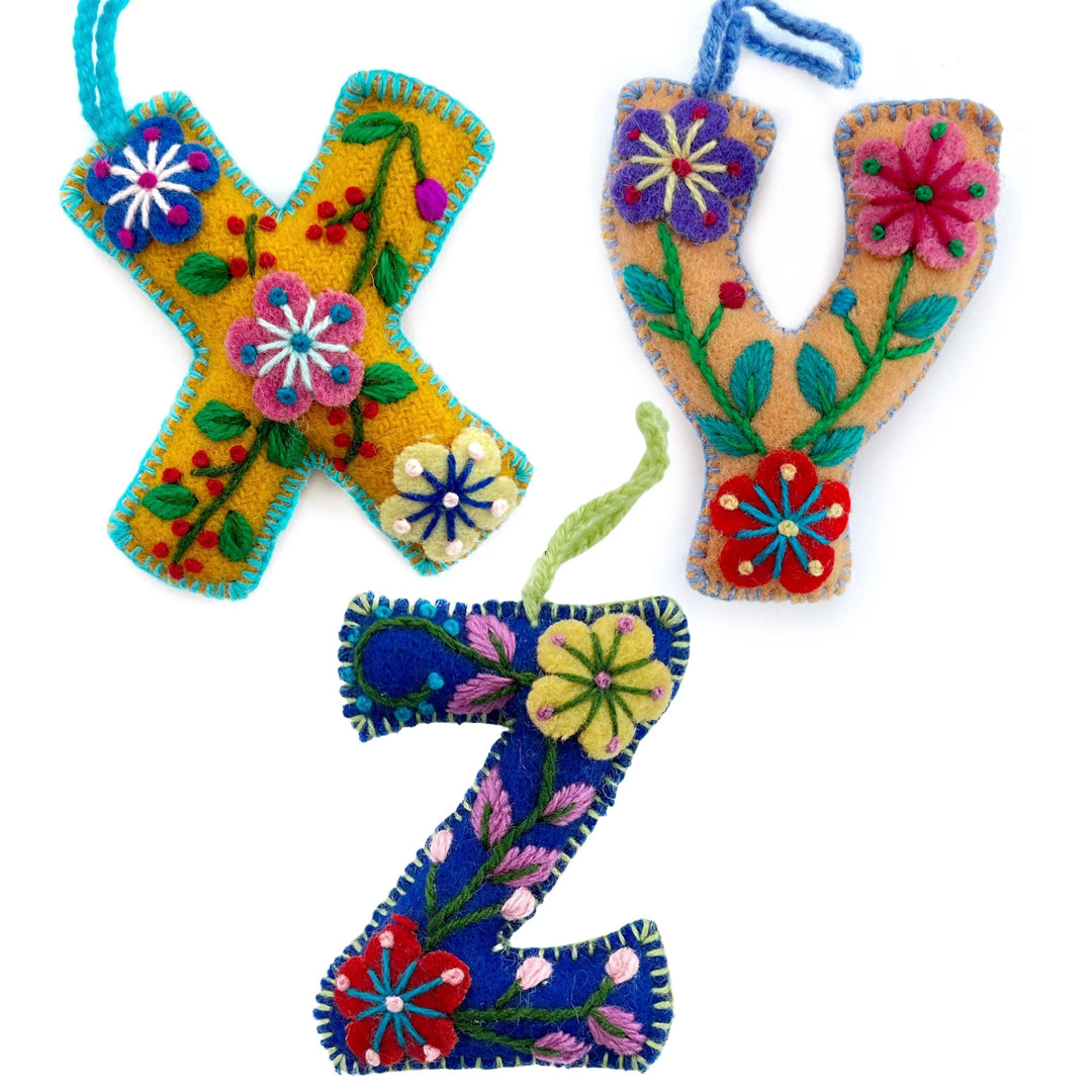 Colorful Letter Ornament, Embroidered Wool