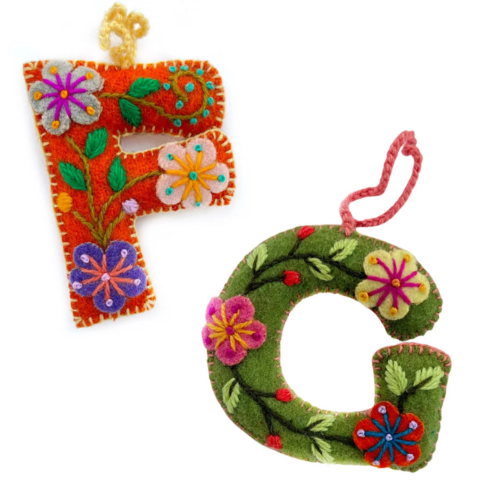 Colorful Letter Ornament, Embroidered Wool