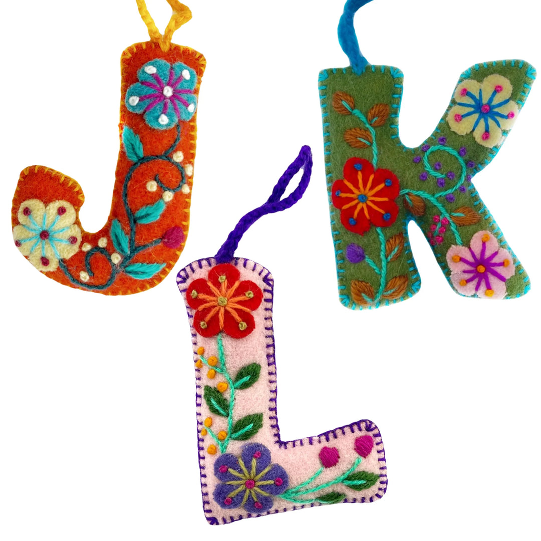 Colorful Letter Ornament, Embroidered Wool