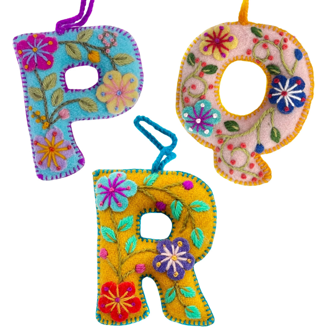 Colorful Letter Ornament, Embroidered Wool