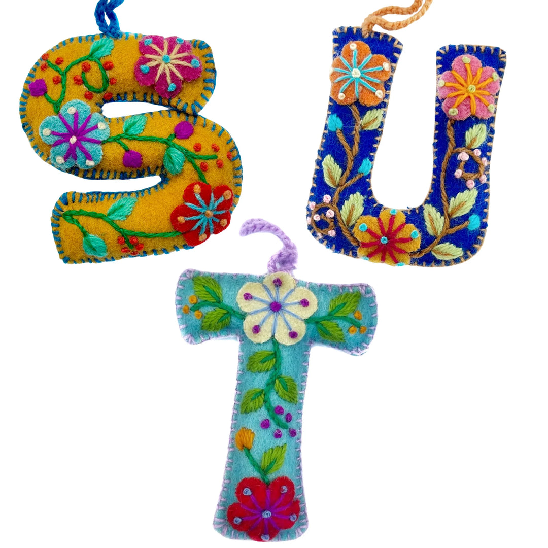 Colorful Letter Ornament, Embroidered Wool